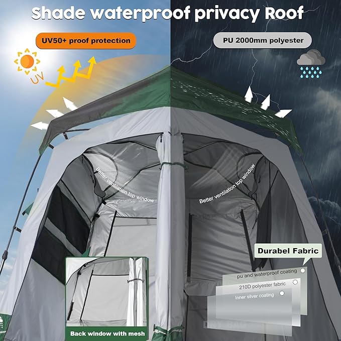 Camping Shower Tent Deluxe Changing Room Easy Set Up Privacy Shelter,Large Toilet Tent with Floor Drain Design for Beach, Camping,Hiking with Stakes and Ropes for Stability