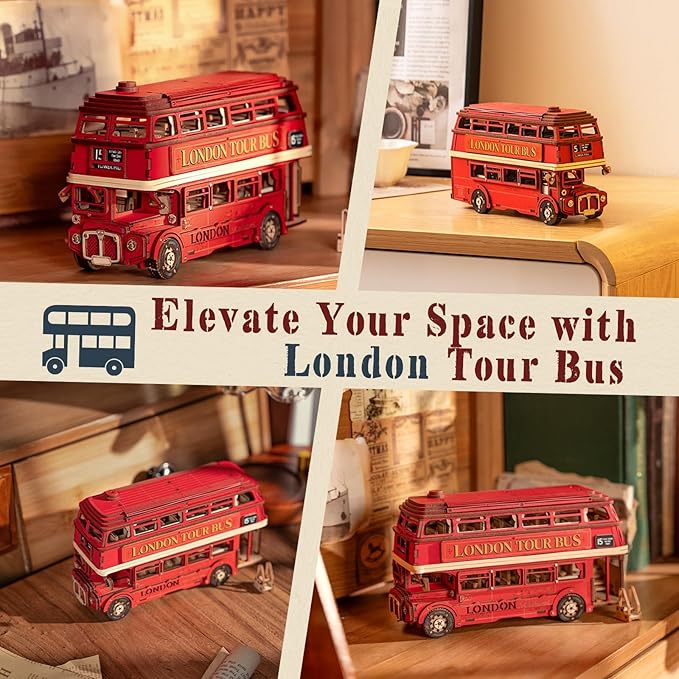 ROBOTIME 3D Puzzles for Adults Wooden Puzzle London Tour Bus DIY Model Kit to Build Educational Brain Teaser Toy for Craft Decor Gift