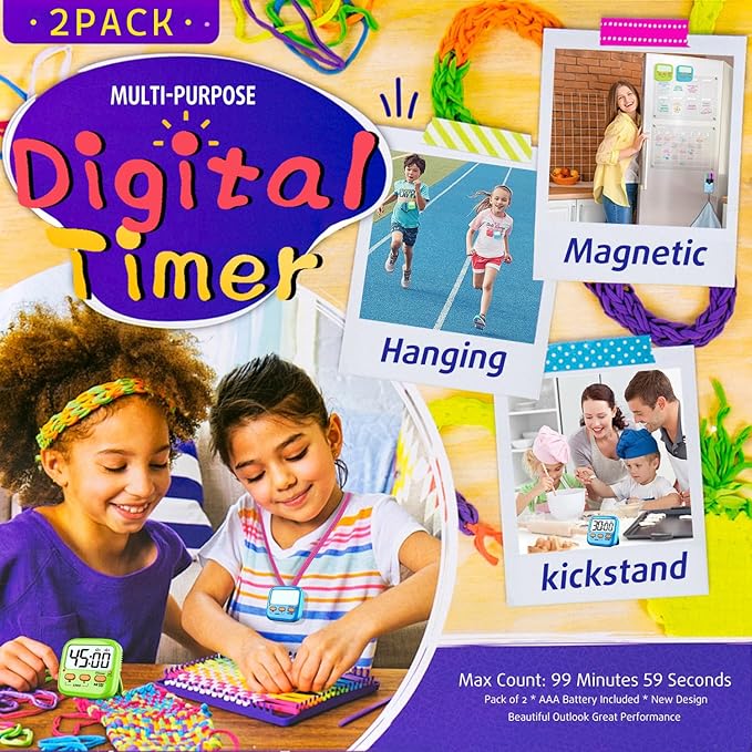 2 Pack Digital Timer for Kids, Magnetic Kitchen Timers for Cooking, Oven Baking