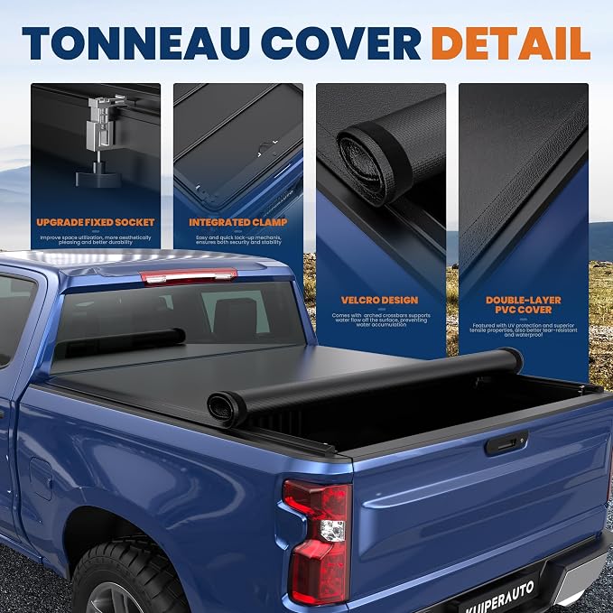 KUIPERAUTO 6.5FT Roll-Up Soft Vinyl Truck Bed Tonneau Cover Compatible for 07-13 Chevy Chevrolet Silverado/GMC Sierra 1500| 07-14 Silverado/Sierra 2500HD 3500HD Fleetside On Top -78 Inch