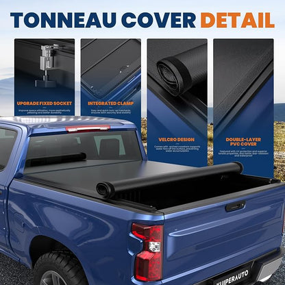 KUIPERAUTO 6.5FT Roll-Up Soft Vinyl Truck Bed Tonneau Cover Compatible for 07-13 Chevy Chevrolet Silverado/GMC Sierra 1500| 07-14 Silverado/Sierra 2500HD 3500HD Fleetside On Top -78 Inch