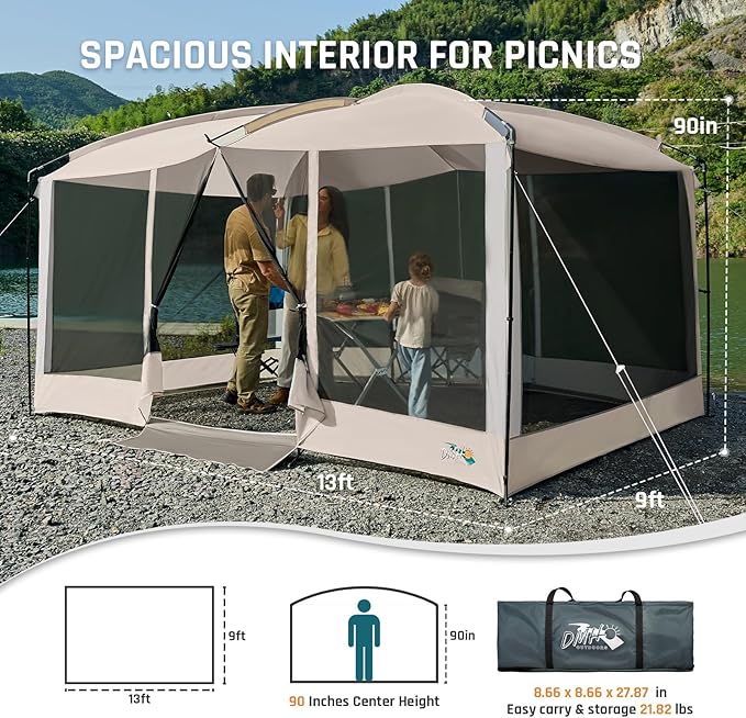 Screen House Tent 13x9ft Screen Room Mesh Gazebos w/ 2 Magnetic Doors, Included Projection Screen, Camping Tent Screened Canopy Shelter for Outdoor Patios Backyards Activities (Beige)