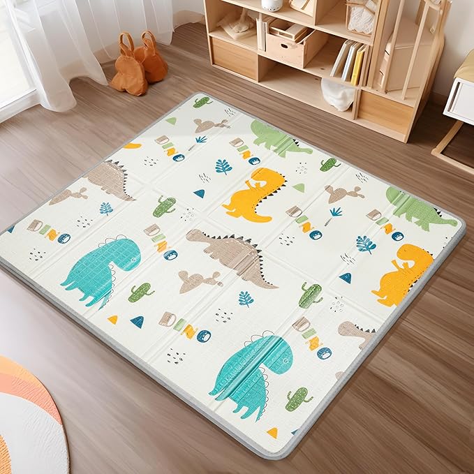 Foldable Baby Play Mat, PIGLOG 0.6in Thick Waterproof Playmats for Babies and Toddlers Kids, Safe Foam Playmat for Tummy Time, 50x50 Playpen Mat, Reversible Portable Floor Mat for Infant, Dinosaur