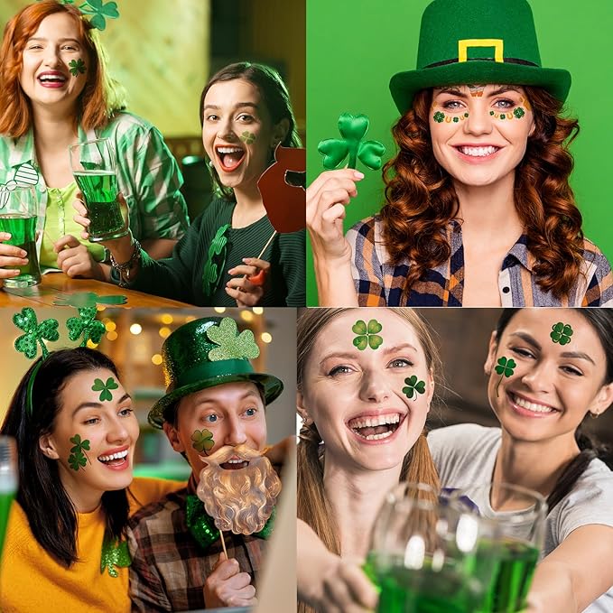 120+ PCS Glitter St Patrick's Day Face Tattoos Stickers, Two Sizes Glitter Body Jewelry Lucky Shamrock Clover Tattoos, St. Patrick's Day Accessories Temporary Tattoos for Irish Party