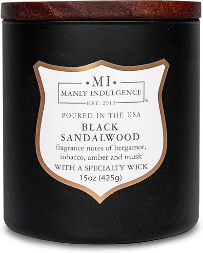 Manly Indulgence Black Sandalwood Scented Candle for Men 15 oz – Bergamot, Tobacco, Amber & Musk - Wood Wick - Up to 60 Hours Burn - Soy Blend Wax, USA Poured – Signature Collection