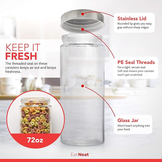 EatNeat 4-Piece Sleek Glass Canister Set with Brushed Stainless Steel Lids – Giftable, Durable Storage Containers for Countertop Use – Dishwasher-Safe Jars in Various Sizes for Pantry & Kitchen