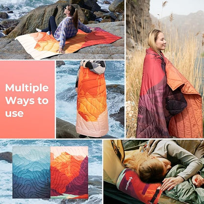 KingCamp Ultralight Camping Blanket, Packable Down Alternative Puffy Printed Wearable Blanket with Snap Buttons & Corner Loops Weatherproof Quilt for Outdoor Travel Stadium (79"L x 57"W, ORANGE)