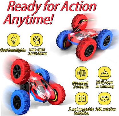 Threeking RC Stunt Car Remote Control Cars with Lights Double-Sided Driving Indoor Outdoor Toys Gifts Presents for 6 7 8 9 10 11 12 Year Old Kids Boys Girls