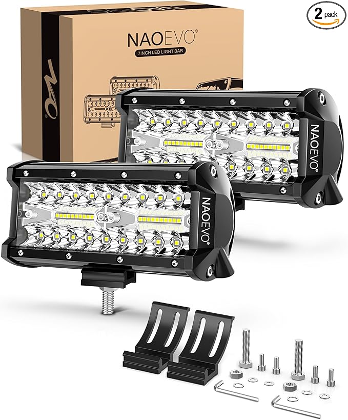NAOEVO 7 Inch LED Light Bar, 240W 24,000LM LED Pods/Off Road/Fog/Driving Lights with Spot Flood Combo for Truck Boat UTV ATV, 2-Pack (White)