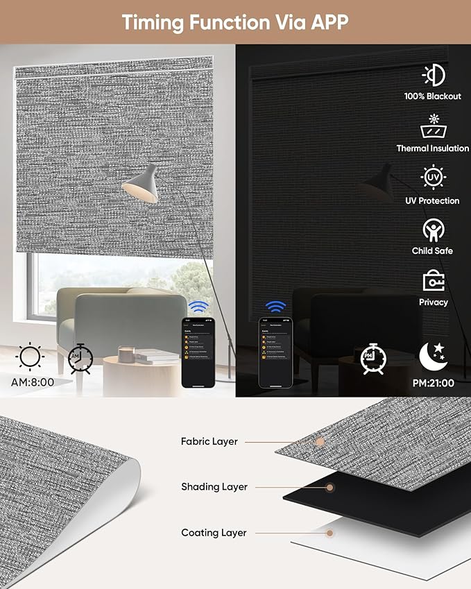 Kincmo Motorized Blinds with Remote, 100% Blackout Motorized Roller Shades Work