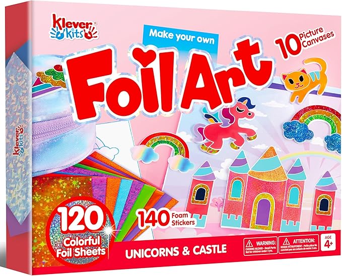 Klever Kits Foil Art Kit for Kids - Arts & Crafts Supplies, Mess Free Coloring, Foil Foam Stickers, Creative Travel Toys, Birthday Gifts for Boys & Girls Ages 4 and Up