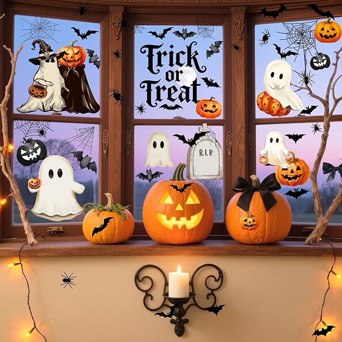 Halloween Window Clings,Double-Sided Reusable Window Decals,Vintage Ghost Pumpkin Bat Stickers for Glass Windows,Home Shop Glass Decorations,9 Sheets