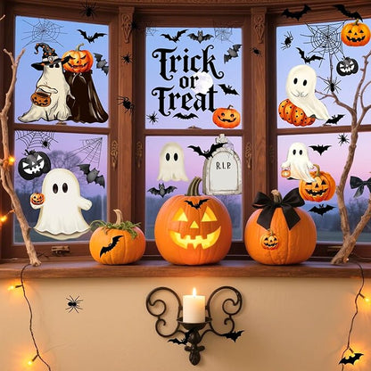 Halloween Window Clings,Double-Sided Reusable Window Decals,Vintage Ghost Pumpkin Bat Stickers for Glass Windows,Home Shop Glass Decorations,9 Sheets