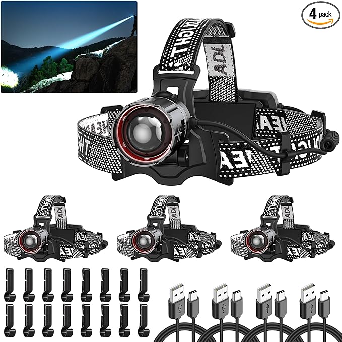 Super Bright LED Headlamp 4 Pack, High Lumen Rechargeable Head Lamp with Motion Sensor, 5 Modes, IPX5 Waterproof, 90° Adjustable, Zoomable Head Lights for Adults, Hard Hat, Outdoor, Camping