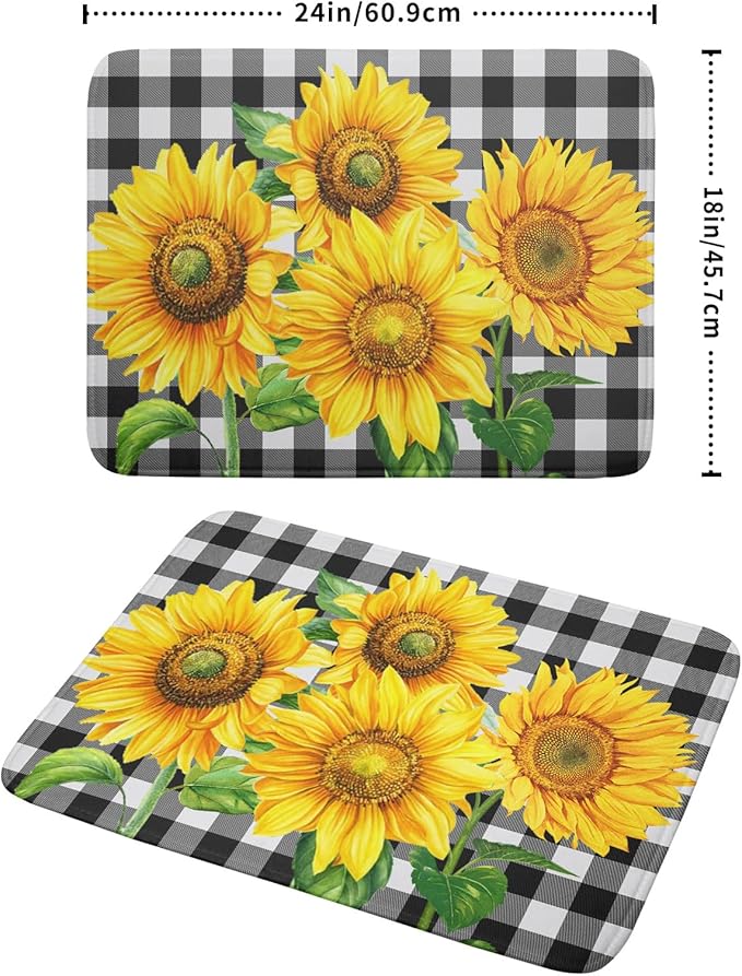 Sunflower Dish Drying Mat for Kitchen Counter Black White Buffalo Plaid