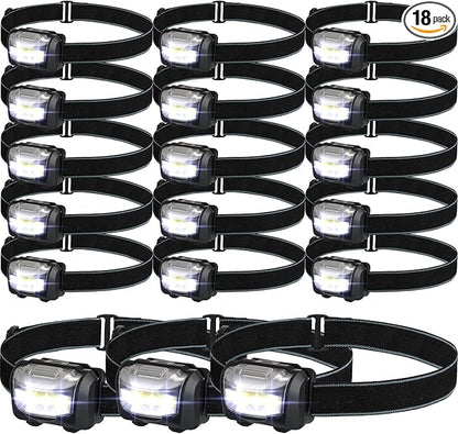 Macarrie 18 Pack LED Headlamps IPX4 Waterproof 3 Modes Headlamp Flashlight Bright Head Lights Camping Accessories for Adults Kids Hiking, Running, Repairing, Fishing, Batteries Not Included(Black)