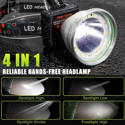 Rechargeable LED Headlamp with Flood and Spot Beam, Power Display, 4 Lighting Modes, Yellow/Blue Filter Lens, High Lumen Outdoor Waterproof Head Torch for Fishing, Hunting, Hiking, Outdoor Activities