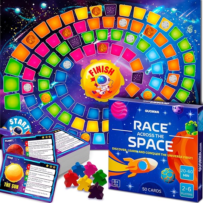 QUOKKA Space Board Game for Kids Ages 8-12 and Families – Fun Space Trivia Game with 50 Cards, Colorful Tokens & Game Board – Learn Planets, Moons Facts – Educational Family Games