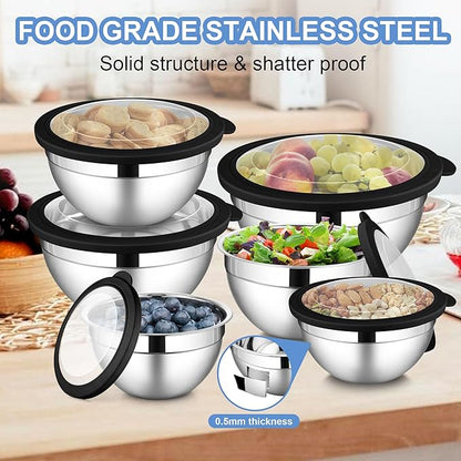 LIANYU Stainless Steel Mixing Bowls Sets of 6, Large Metal Nesting Bowl Sets for Home Kitchen, 7, 3.5, 2.5, 2, 1.5, 1QT Size with Transparent Airtight Lids, Dishwasher & Freezer Safe, Black