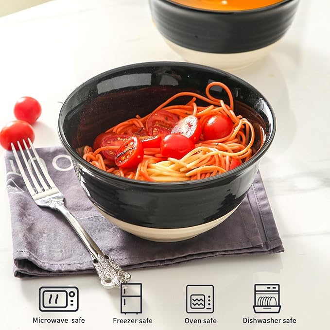 HASENSE Large Ceramic Soup Bowls Set of 4, 40 Oz Gloss Black Beige Stackable
