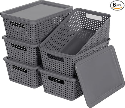 Plastic Storage Baskets With Lid, Storage Bins for Organizing, Stackable Decorative Containers for Shelves Drawers Desktop Closet Playroom Classroom Office, 6 Pack-Grey