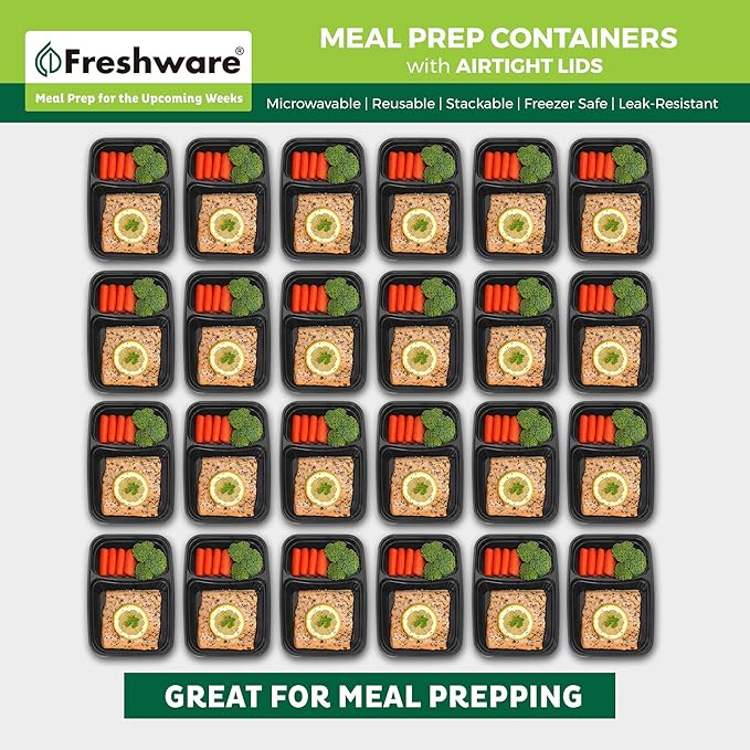 Freshware Meal Prep Containers [50 Count ] 2 Compartment with Lids, Food Storage Containers, Bento Box, BPA Free, Stackable, Microwave/Dishwasher/Freezer Safe (28 oz)