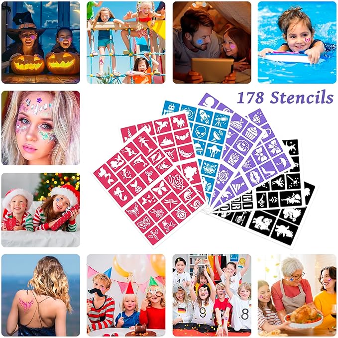 Temporary Glitter Tattoos Kit for Kids,48 Glitter Colors, 178 Stencils,4 Glue,5 Brushes,Adults and Kids Arts Glitter Kit,Wonderful Holiday Gifts for Girls & Boys.