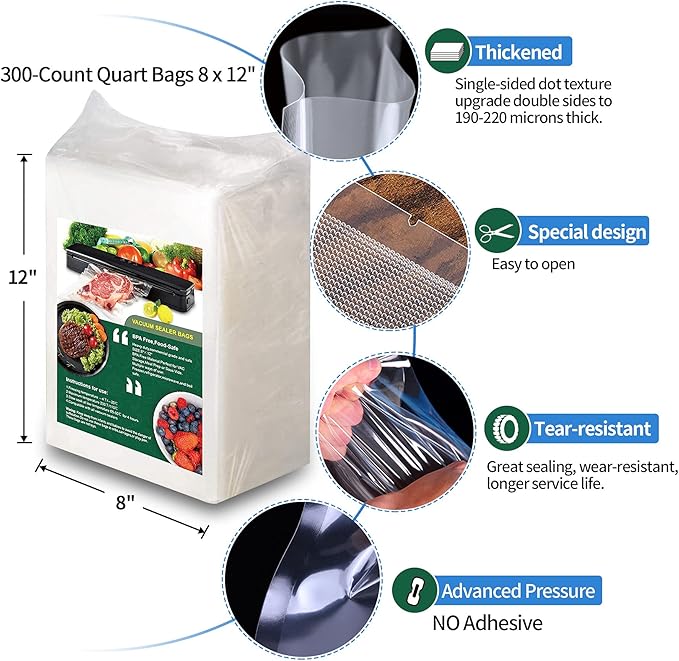 AENTGIU 300-Count Food Vacuum Sealer Bags 8 x 12 inch, Thick BPA Free Sous Vide Bags Compatible with All Vac Machines, Food Saver, Seal a Meal, Commercial Grade Quart Precut Meal Prep Storage Bags