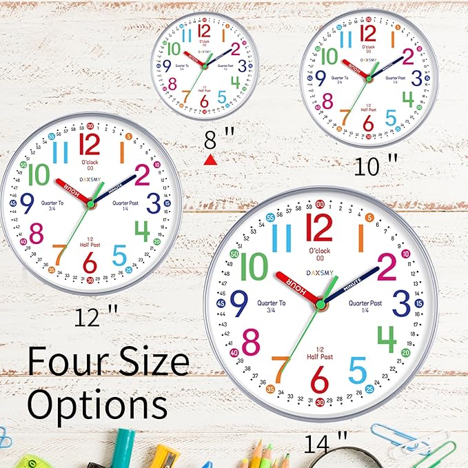 Wall Clock for Kids Learning to Tell Time Easily Non Ticking Battery Operated Kids Teaching Clock Silent Colorful Teaching Time Clock Decorative for Kids Room Classroom School (8 Inch)