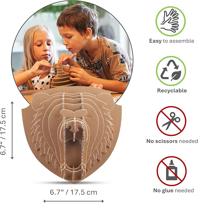 Cottify 3D Cardboard Puzzle - Fun 3D Puzzles for Adults & Kids, Easy to Assemble 3D Puzzle, Eco-Friendly, No Scissors or Glue Needed, Cardboard Assembly Toy, Perfect Sustainable Gift (Bear Head)