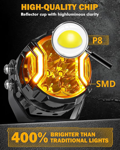 Auxbeam V-Ultra Series 3 Inch 108W LED Round Pods, 3 Modes Offroad Driving Side Shooter Light with Amber DRL, 270° Ultra-Wide Amber Cube Universal Spotlights with Covers & DT Plug Wiring Harness