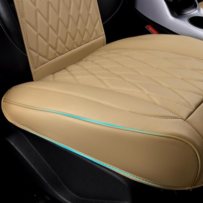 CAR PASS Luxury Nappa Leather Front Car Seat Covers, Sideless Car Seat Protectors with Storage Pocket, Non-Slip Automotive Seat Cover for Cars Trucks SUV, Airbag Compatible, 2 Pack (Beige)