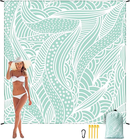 Beach Blanket Waterproof Sandproof Beach Mat 79" X 83"/10'x9'for 2-8 Adults Quick Drying Outdoor Picnic Mat Beach Accessories for Travel, Camping, Hiking