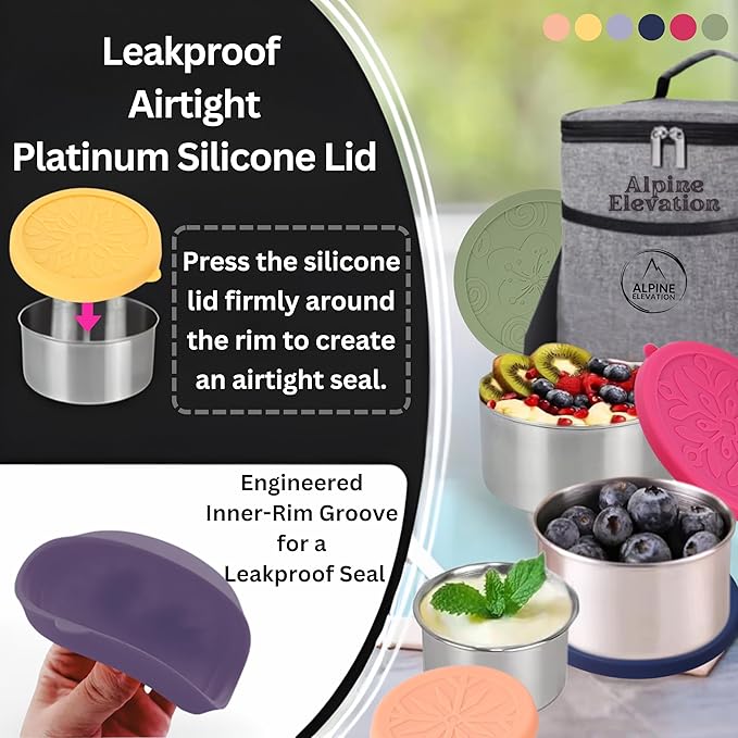 12 Pcs - 6 Stainless Steel Containers + 6 Silicone Lids | 304 Stainless Steel Snack Container | Nesting Snack and Dip Containers | Metal Food Storage