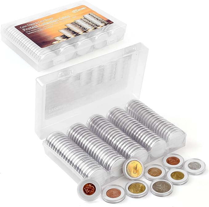 100 Pieces 30mm Coin Capsules and 5 Sizes (17/20/25/27/30mm) Protect Gasket Coin Holder Case with Plastic Storage Organizer Box for Coin Collection Supplies