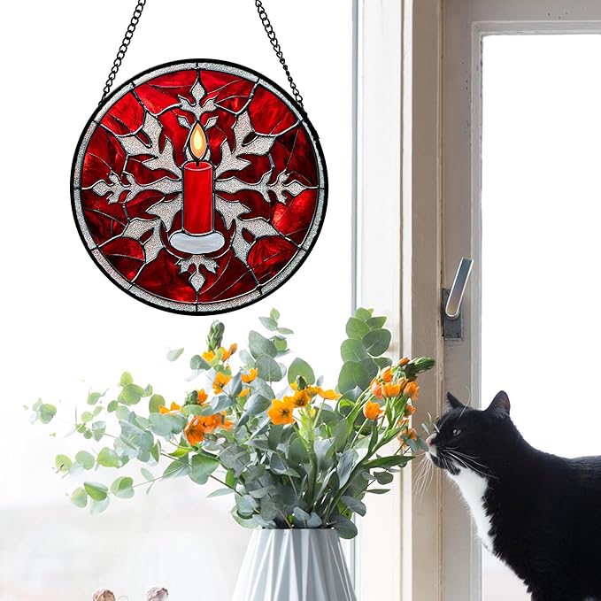 DASTOLL Stained Glass Window Hanging 4 Pcs Set Red Christmas Decorations Theme