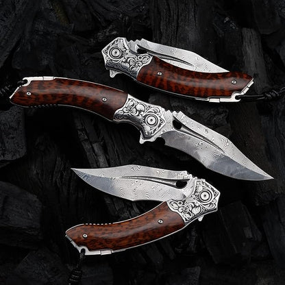 Japanese VG 10 Damascus Steel Folding Knife, Outdoor Wilderness Survival Pocket Knife, Snake Wood Handle Lined Lock, Leather Sheath, EDC Pocket Knife
