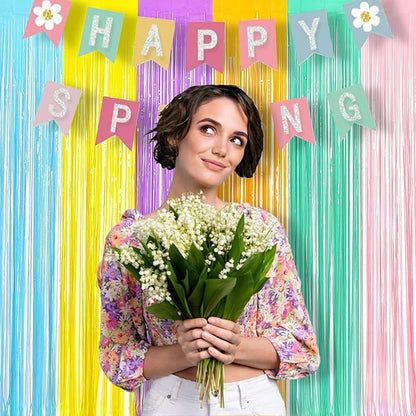 BRAVESHINE Tinsel Foil Fringe Curtains - 2Pcs 3.2x8.2ft Pastel Colourful Photo Backdrop for Sweet Birthdays Easter Bunny Bridal Shower Fairy Kids Candy Donut Party Decorations