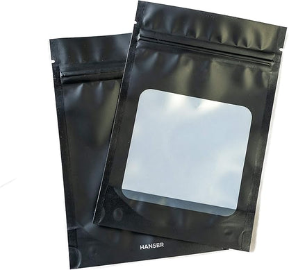 HANSER | Smell Proof Odorless Mylar Resealable Foil Pouch Bags with clear Window | Stand up bottom | Airtight | matte black | 100 Pieces | 4x6 inches