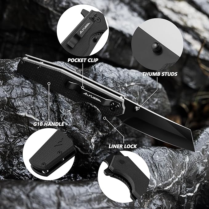 FLISSA Folding Knife, 4-3/4" Reverse Tanto Folding Pocket Knife, Black Stonewash Blade, G10 Handle, for Hunting, Survival, Camping and Outdoor Activities, Great Gifts for Dad, Husband, Friend