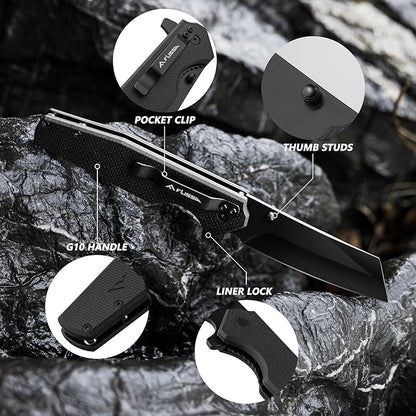 FLISSA Folding Knife, 4-3/4" Reverse Tanto Folding Pocket Knife, Black Stonewash Blade, G10 Handle, for Hunting, Survival, Camping and Outdoor Activities, Great Gifts for Dad, Husband, Friend