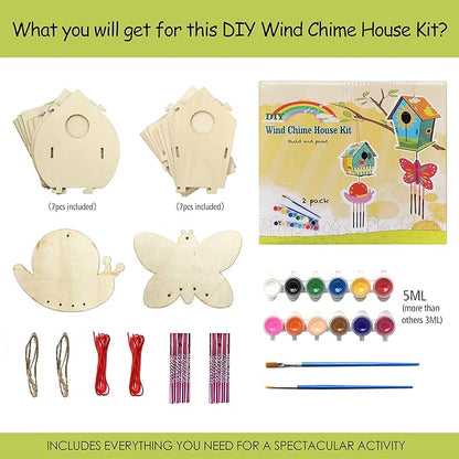 4 Pack DIY Bird House Wind Chime Kits for Children to Build and Paint, Wooden Arts and Crafts for Kids Girls Boys Toddlers Ages 8-12 4-6 6-8