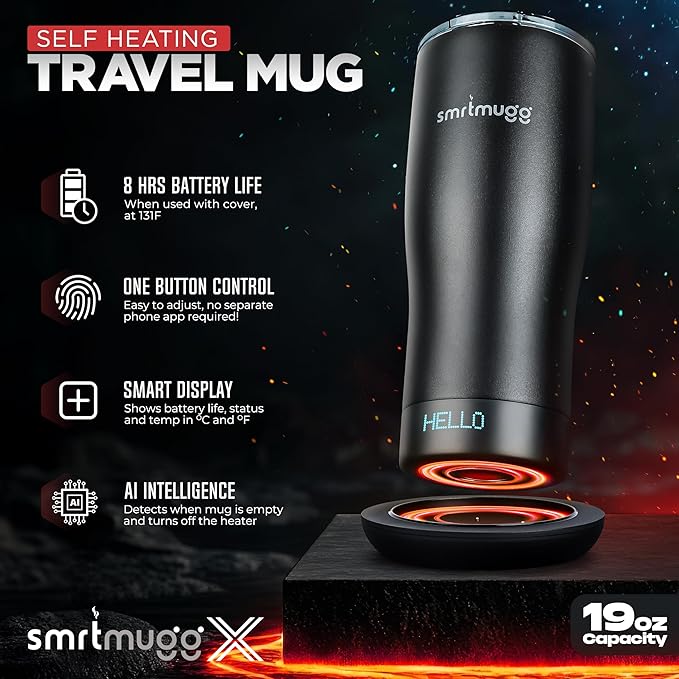 X Heated Coffee Mug 19 oz., 8 Hour Battery Life, Self-Heating, Adjustable Temp