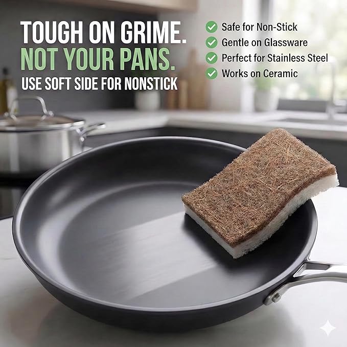 6 Pack Natural Kitchen Sponges, Compostable White Cellulose & Organic Coconut