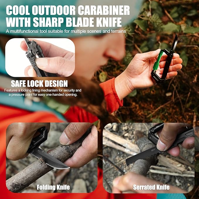 Carabiner Multitool with Pocket Knives, EDC Carabiners, Serrated Knife, Rope Cutter, Screwdriver, Can Bottle Opener, Ruler, Folding Knife for Camping Hiking, Gifts for Men (Green)