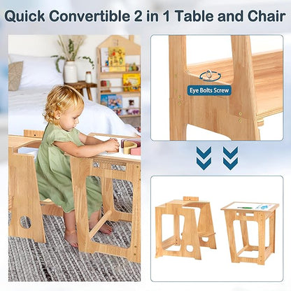 4 in 1 Kids Toddler Kitchen Stool Helper with Double-Sided Whiteboard, Wooden Toddler Learning Standing Tower, Non-Skid Feet Children Step Stool for Kitchen Counter, Bathroom Sink, Adult Use