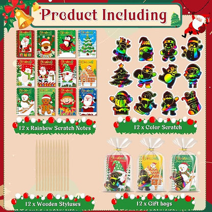 12 Pack Christmas Scratch Art Party Favors for Kids - Rainbow Scratch Paper with Christmas Scratch Off Cards Easter Birthday Goodie Bags Stuffers - Winter Holiday Gifts DIY Classroom Prizes