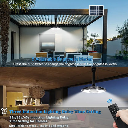 INDARUN Solar Shed Light with On/Off Switch, Up to 3000LM Solar Indoor/Outdoor Lights with 5 Modes, Motion Sensor Pendant for Barn, Gazebo, Garage, Patio, Yard