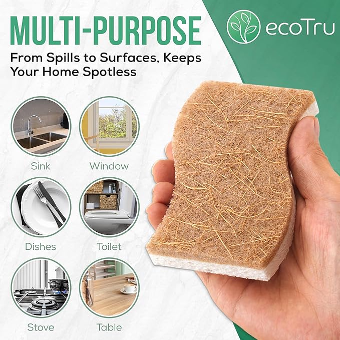 6 Pack Natural Kitchen Sponges, Compostable White Cellulose & Organic Coconut