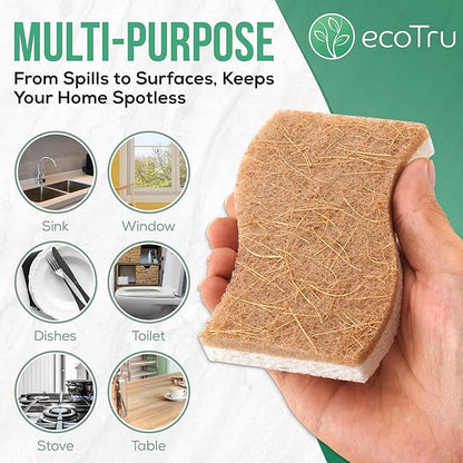 6 Pack Natural Kitchen Sponges, Compostable White Cellulose & Organic Coconut